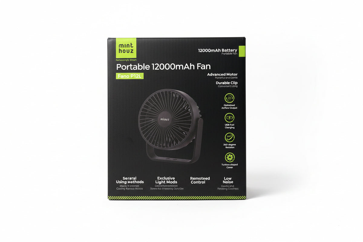 A retail box for a mint houz Portable 12000mAh Fan (Fano P12L) held by a person. The packaging is black with green accents and a white graphic of the fan inside.