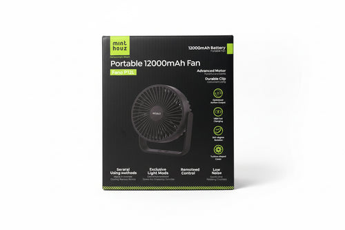 A retail box for a mint houz Portable 12000mAh Fan (Fano P12L) held by a person. The packaging is black with green accents and a white graphic of the fan inside.